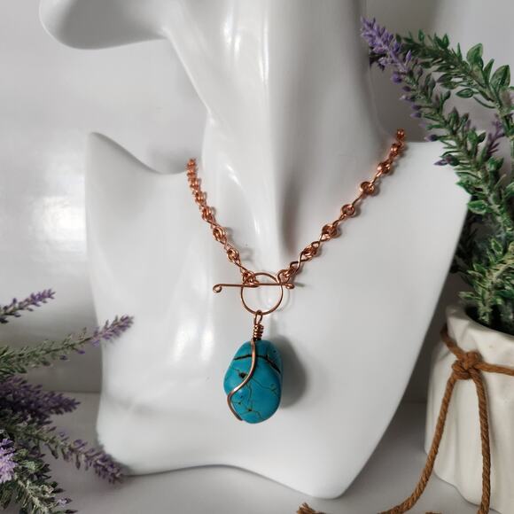 Copper Wire Wrapped Turquoise Wagnerite Nugget Pendant Necklace - Picture 5 of 7